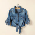 Lacing and Knotting Medium Sleeved Small Shawl Denim Shirt for Womens Korean Version Short Sleeved Thin Shawl Womens Coat