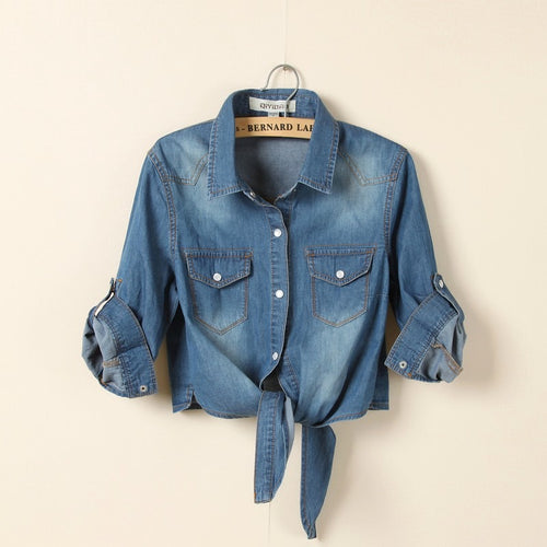 Lacing and Knotting Medium Sleeved Small Shawl Denim Shirt for Womens Korean Version Short Sleeved Thin Shawl Womens Coat