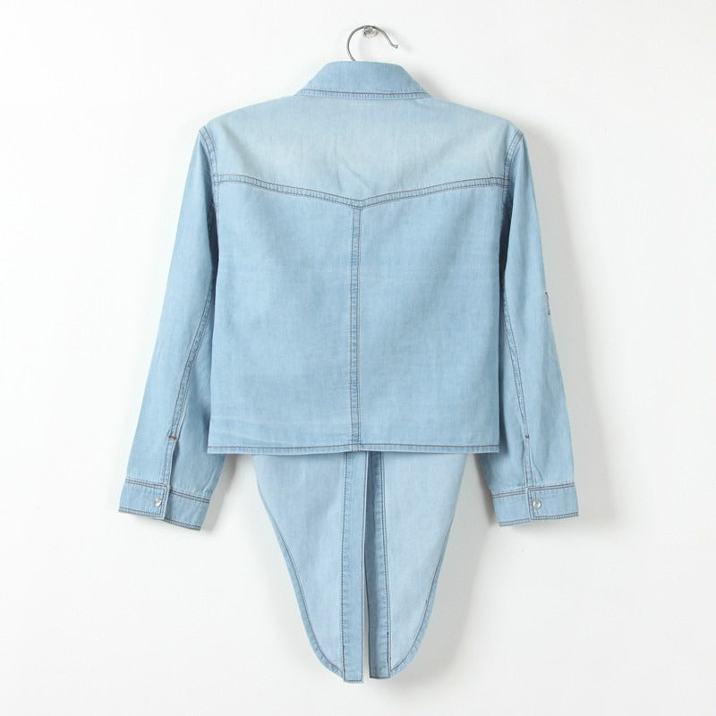 Lacing and Knotting Medium Sleeved Small Shawl Denim Shirt for Womens Korean Version Short Sleeved Thin Shawl Womens Coat