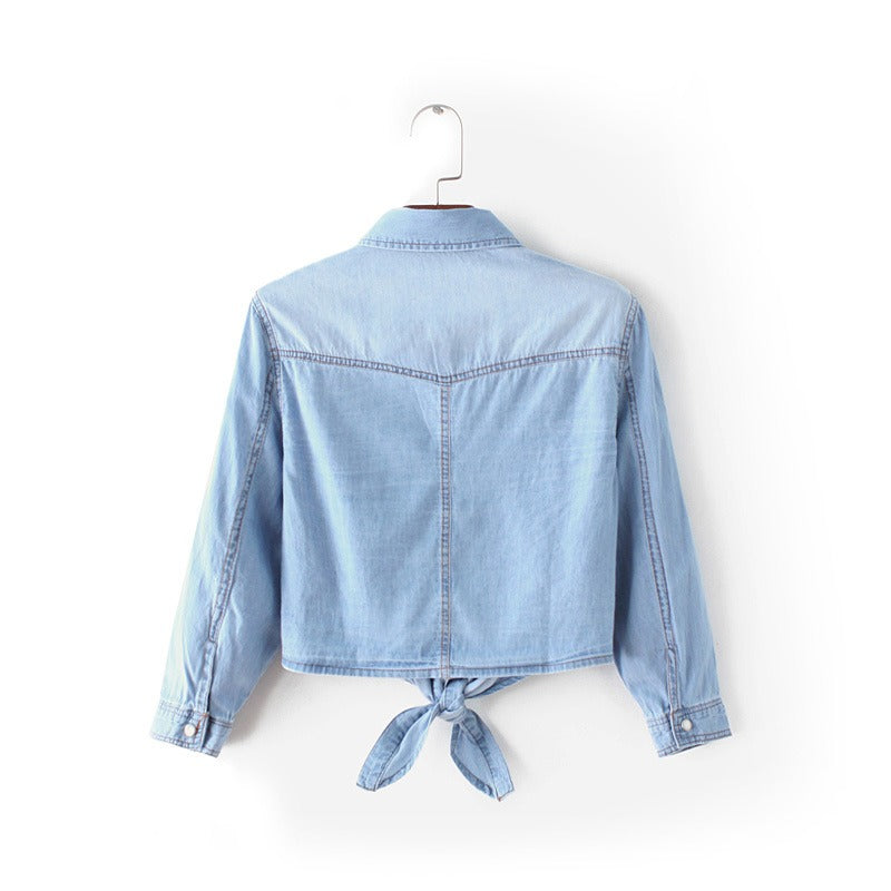 Lacing and Knotting Medium Sleeved Small Shawl Denim Shirt for Womens Korean Version Short Sleeved Thin Shawl Womens Coat