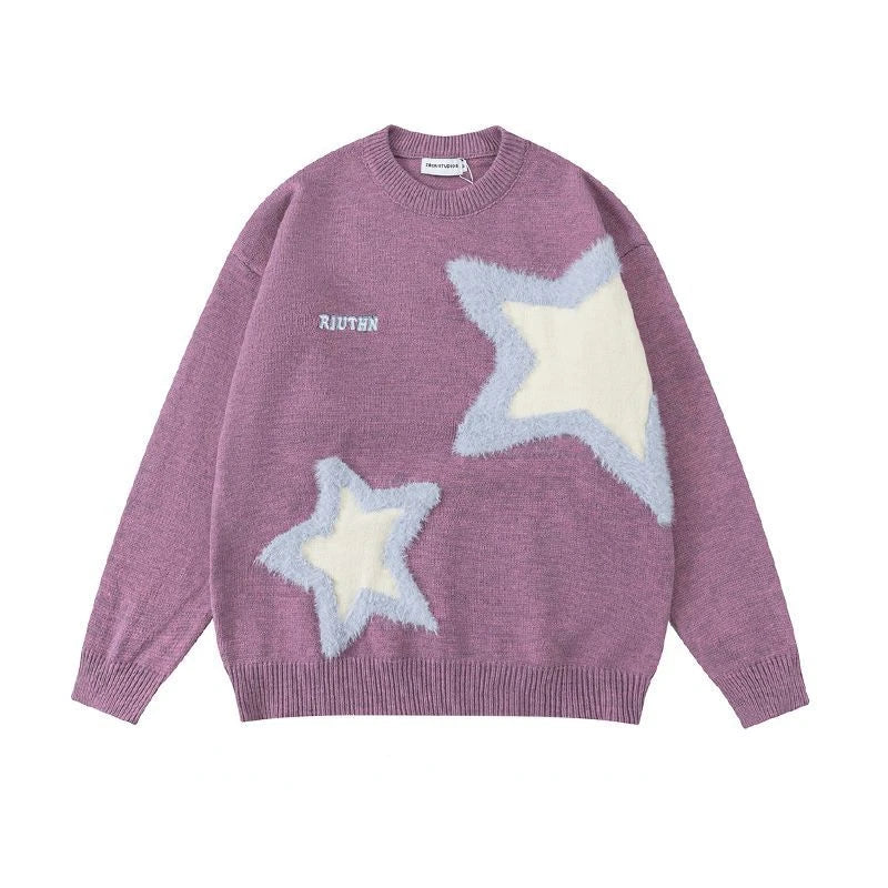Star Flocked Couple Sweater Oversized Pullover Long Sleeved Thickened Mens Womens Loose Versatile Casual Sweaters