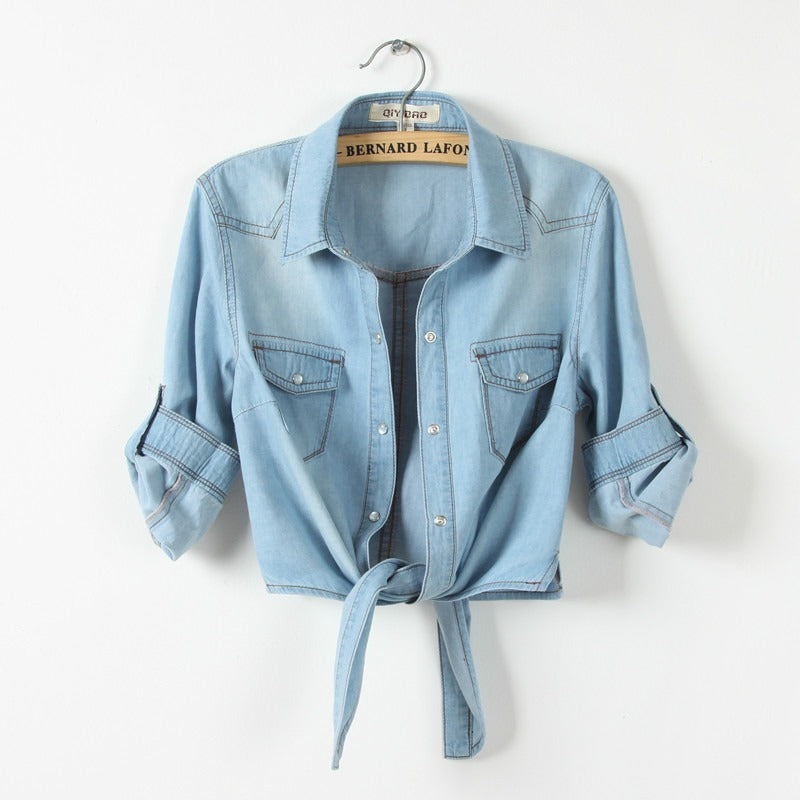 Lacing and Knotting Medium Sleeved Small Shawl Denim Shirt for Womens Korean Version Short Sleeved Thin Shawl Womens Coat